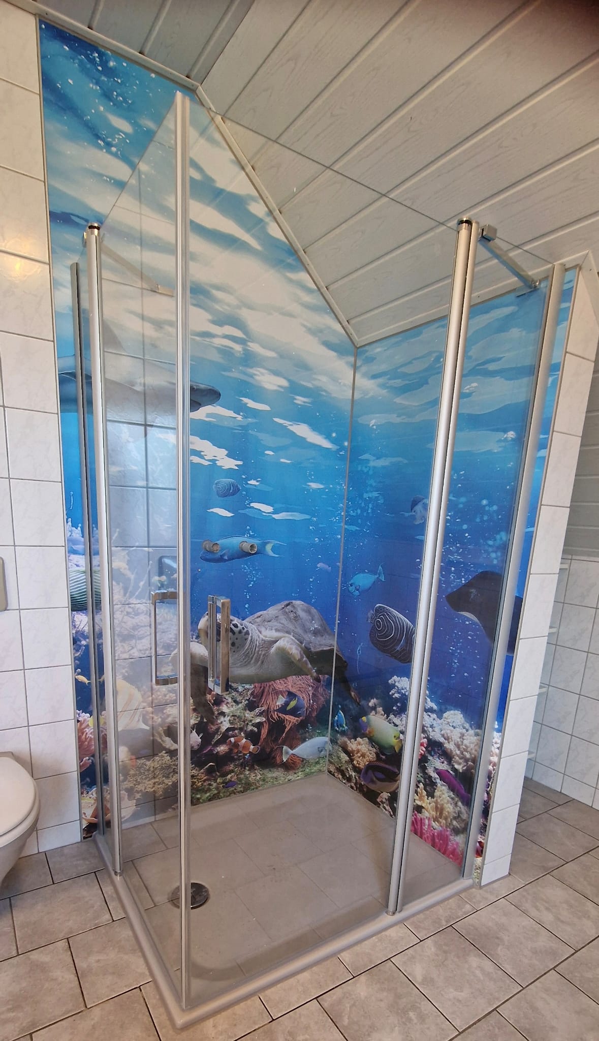 Eckdusche mit Unterwasser-Motiv und rahmenloser Glasabtrennung